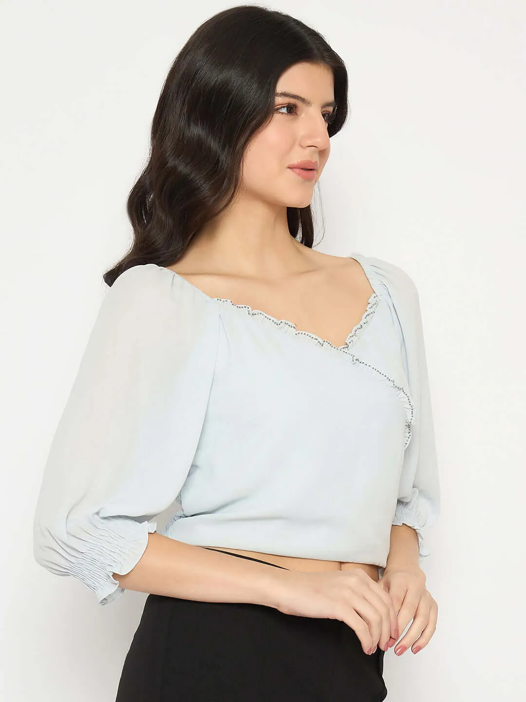 Madame Surplice Neck Blue Wrap Crop Top