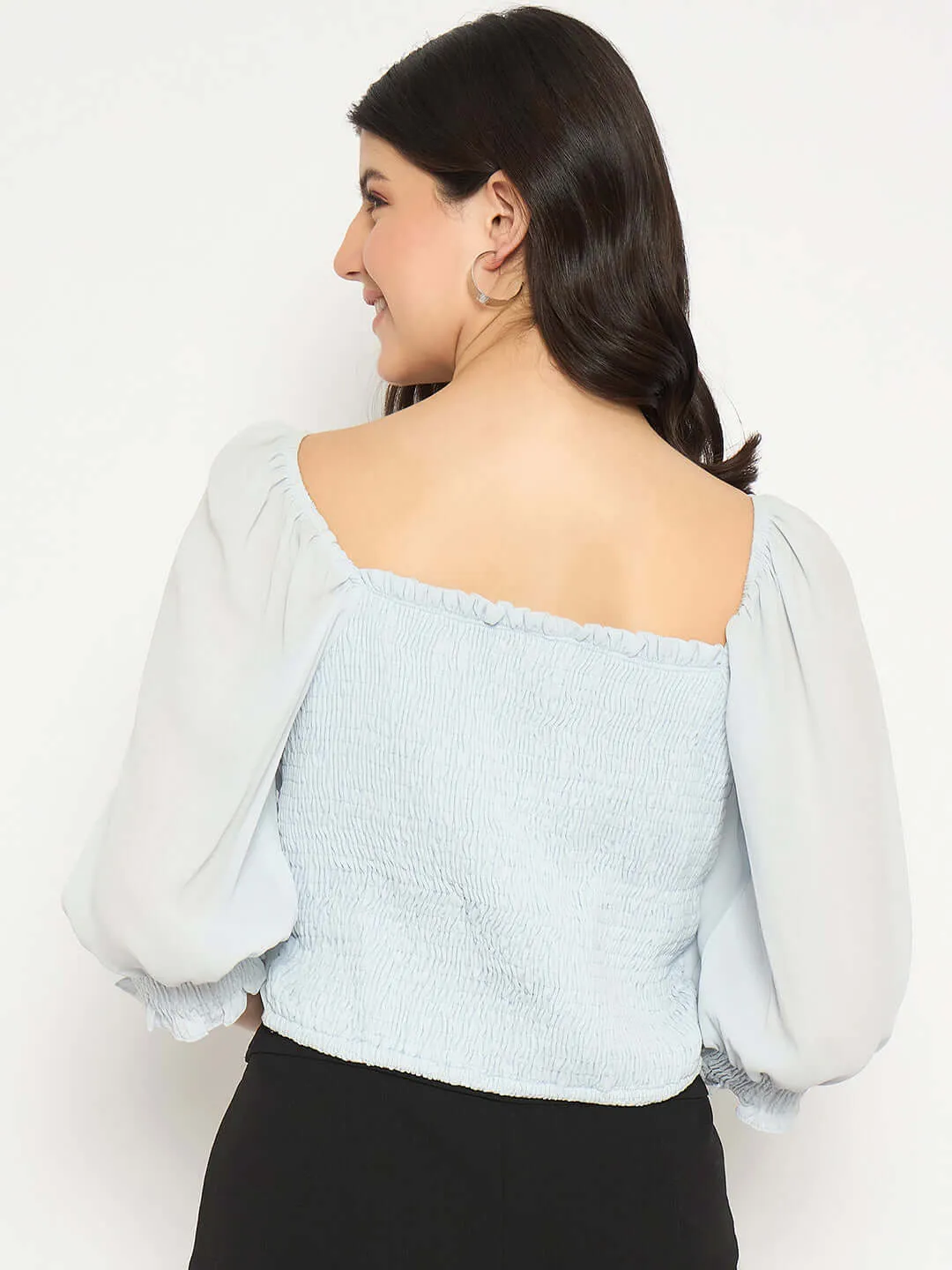 Madame Surplice Neck Blue Wrap Crop Top