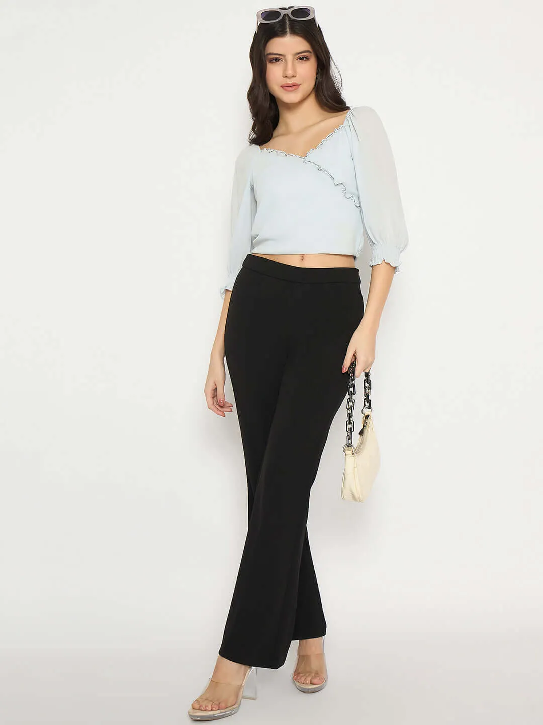Madame Surplice Neck Blue Wrap Crop Top