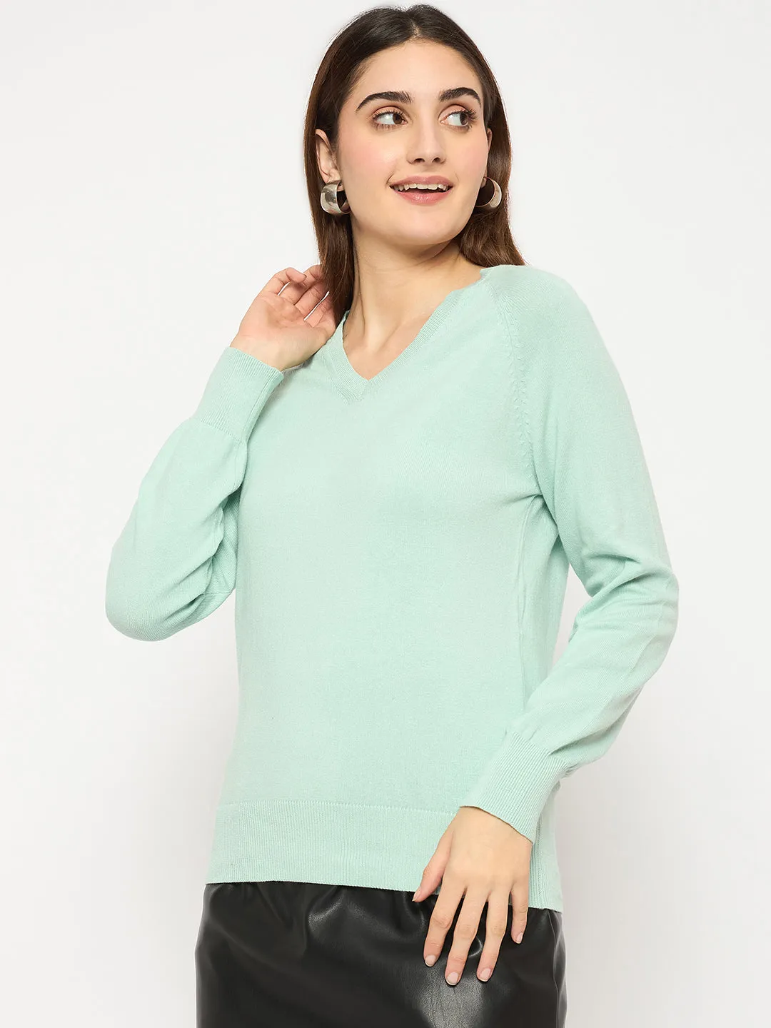 Madame V Neck Skinny Fit Mint Green Sweater