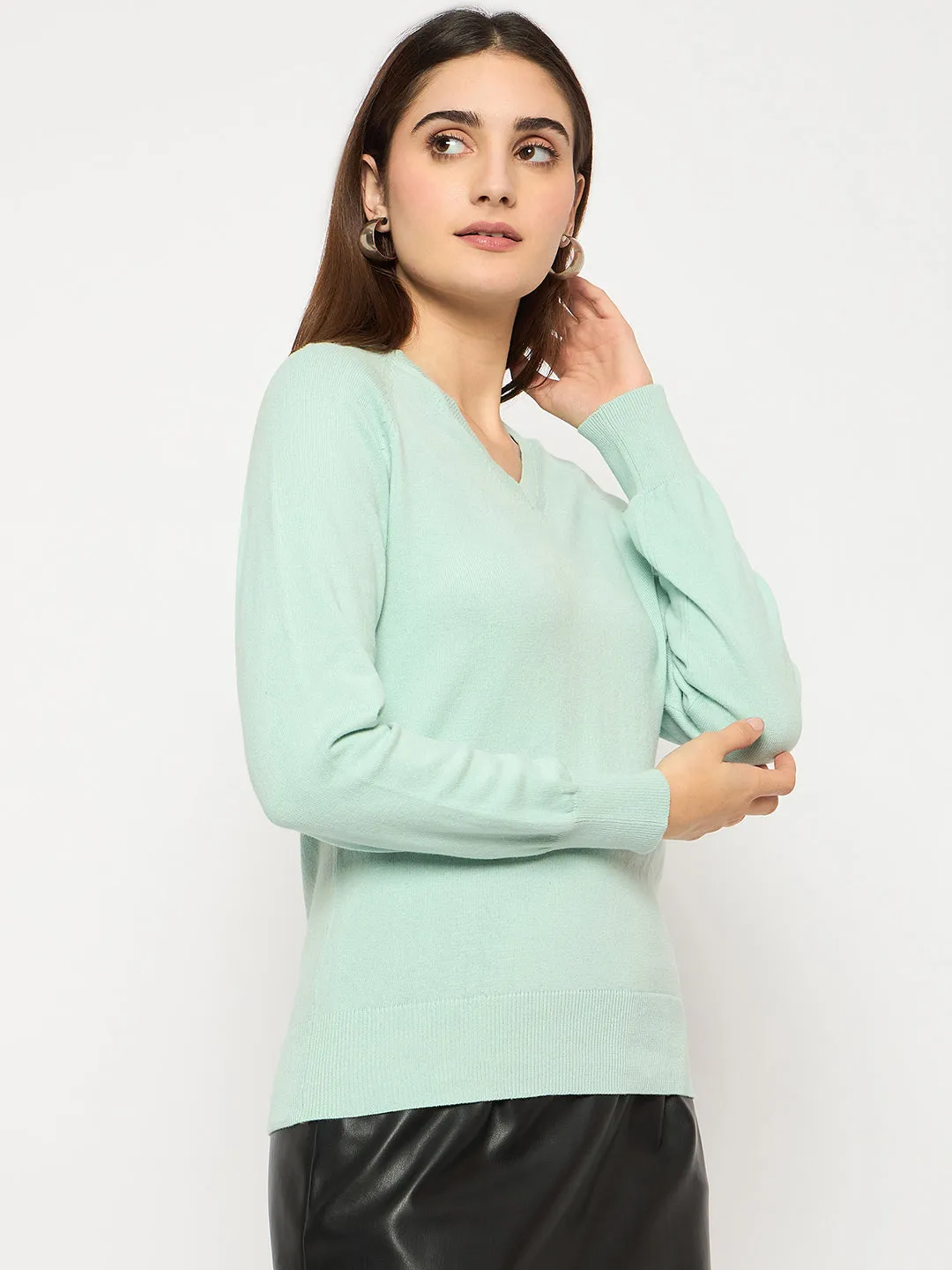 Madame V Neck Skinny Fit Mint Green Sweater