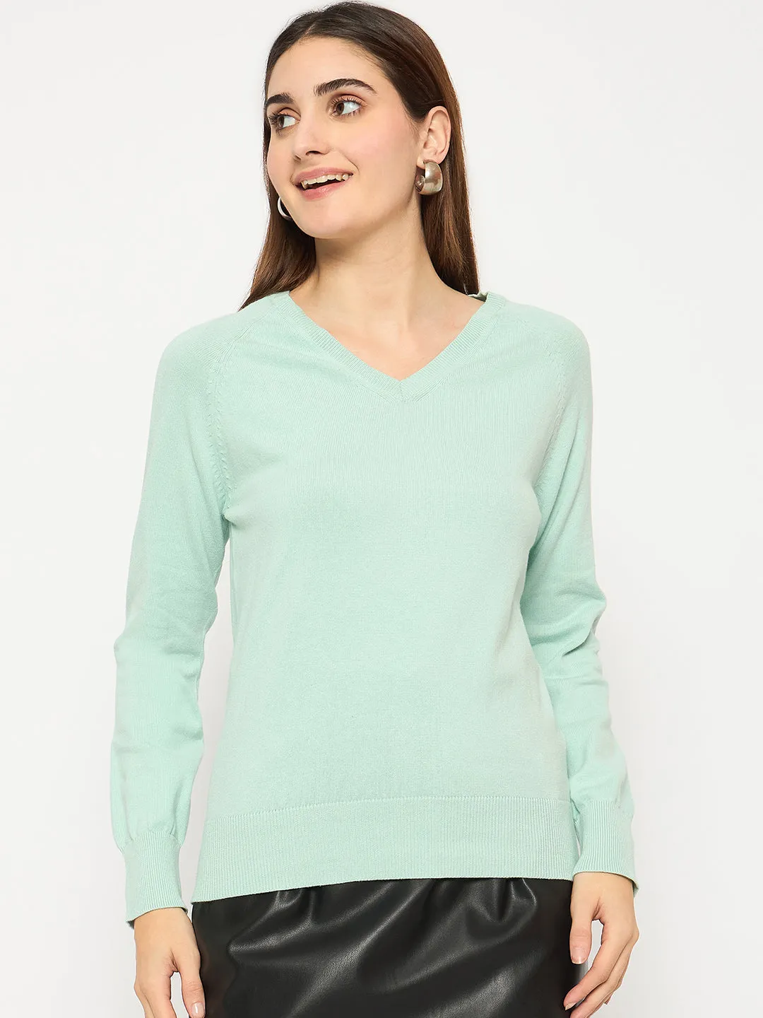 Madame V Neck Skinny Fit Mint Green Sweater