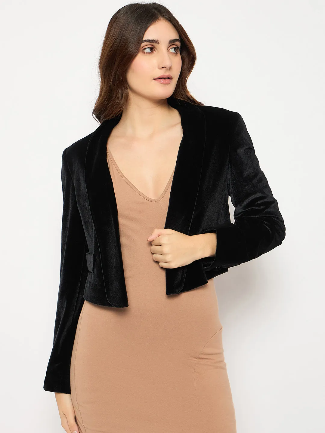 Madame Velvet Full Sleeve Black Crop Blazer