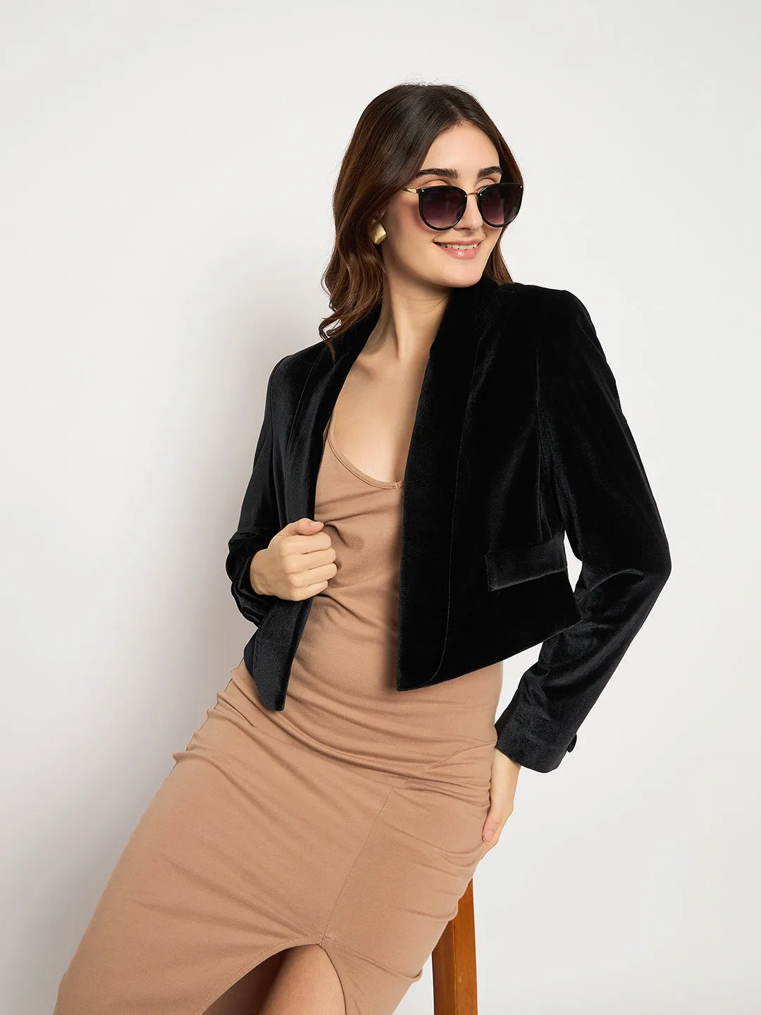 Madame Velvet Full Sleeve Black Crop Blazer