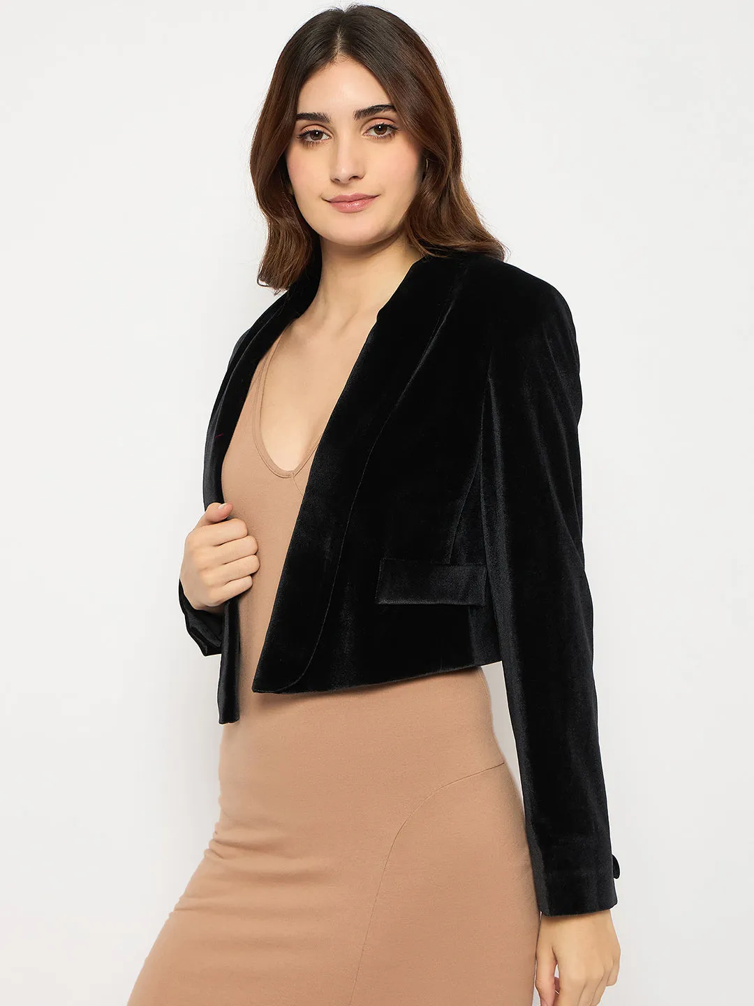 Madame Velvet Full Sleeve Black Crop Blazer