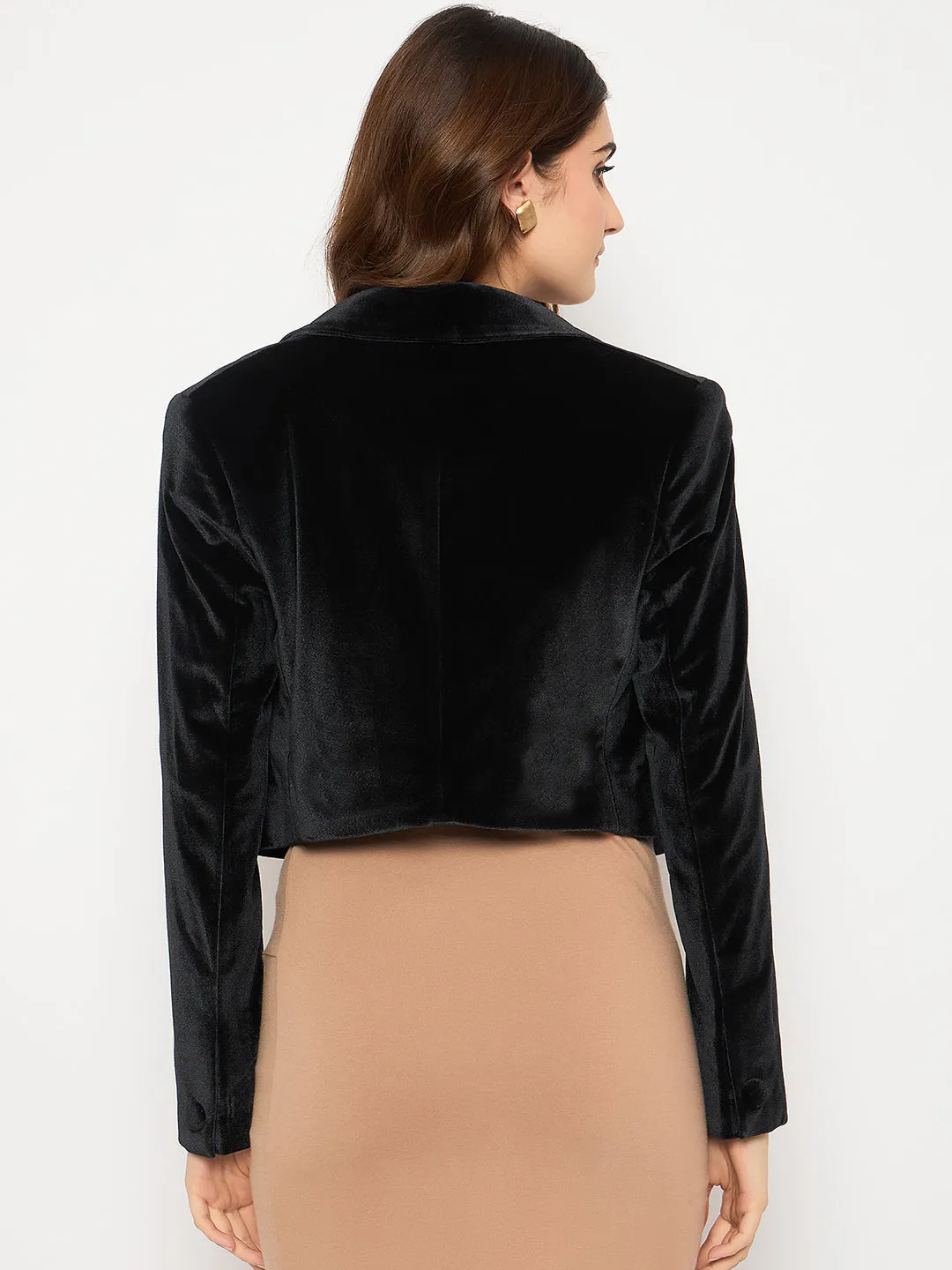 Madame Velvet Full Sleeve Black Crop Blazer