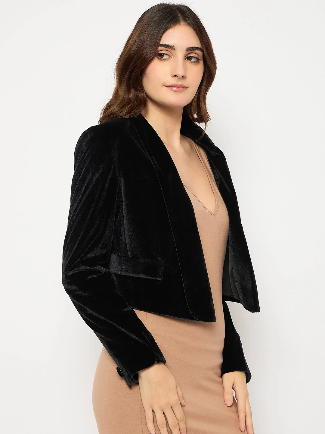Madame Velvet Full Sleeve Black Crop Blazer