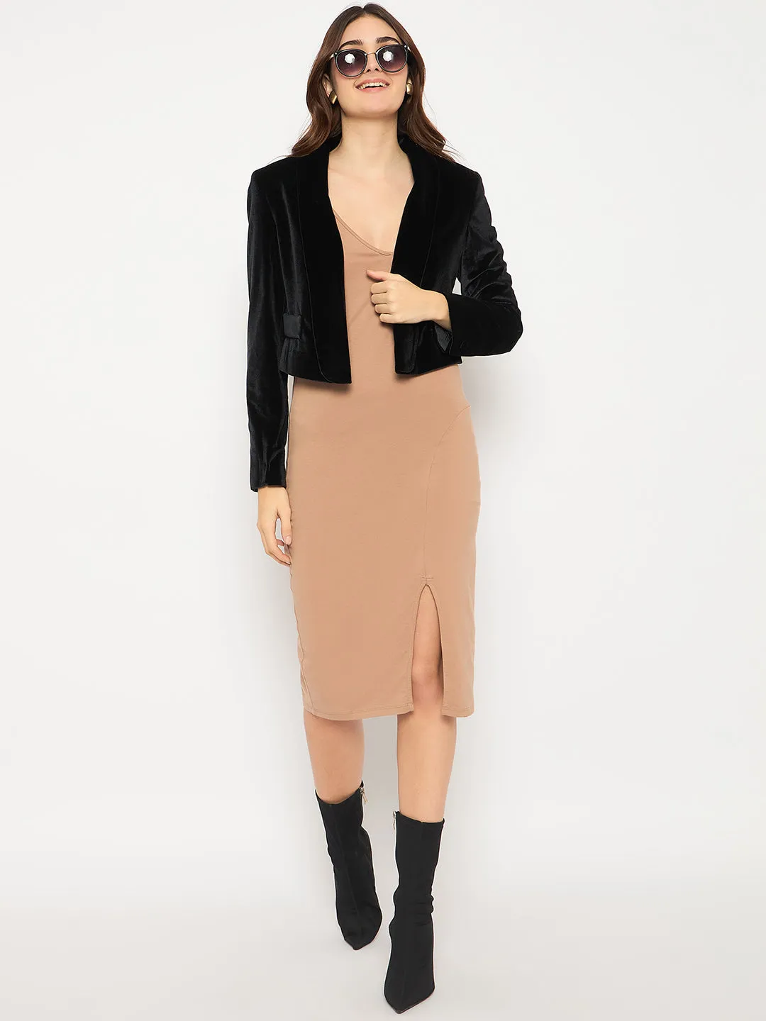 Madame Velvet Full Sleeve Black Crop Blazer