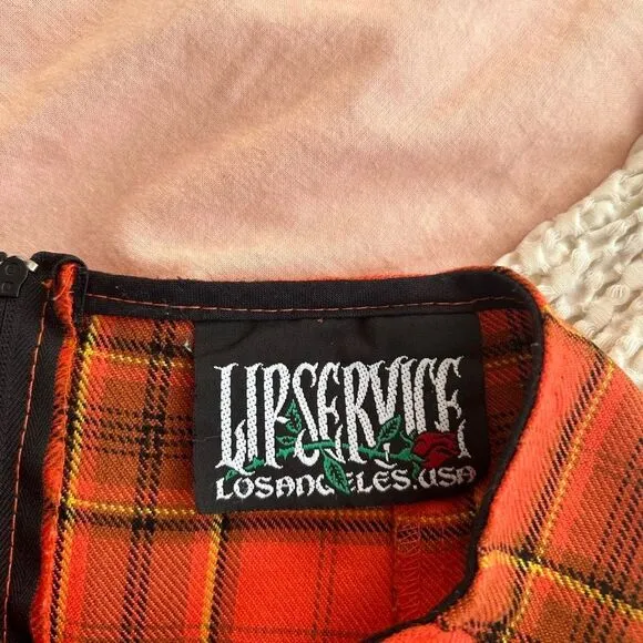 Made in USA Vintage Lip Service Orange Plaid Safety Pin Mini Skirt Medium