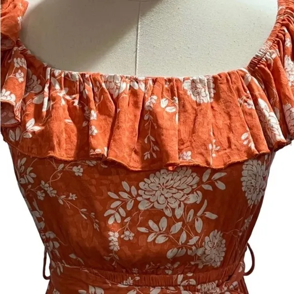 Mainstrip Off Shoulder Tier Ruffle Rayon Orange White Flowers Dress Sz sm New