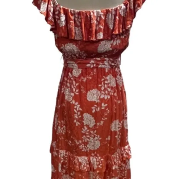 Mainstrip Off Shoulder Tier Ruffle Rayon Orange White Flowers Dress Sz sm New