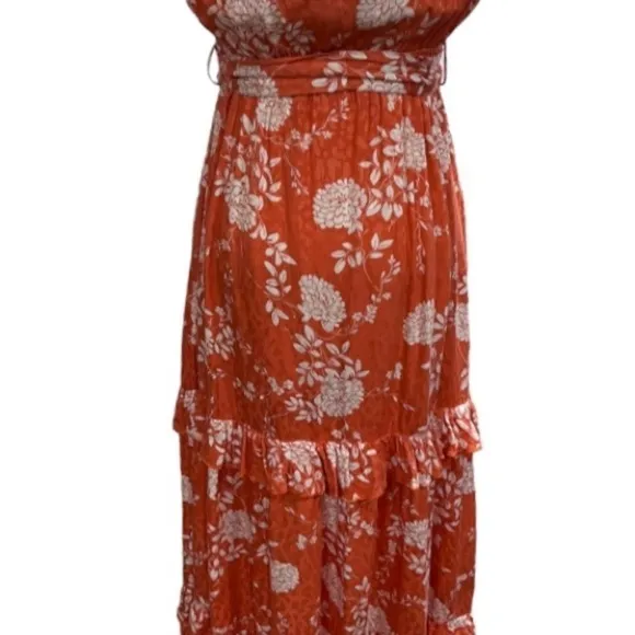 Mainstrip Off Shoulder Tier Ruffle Rayon Orange White Flowers Dress Sz sm New