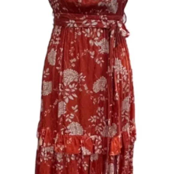 Mainstrip Off Shoulder Tier Ruffle Rayon Orange White Flowers Dress Sz sm New