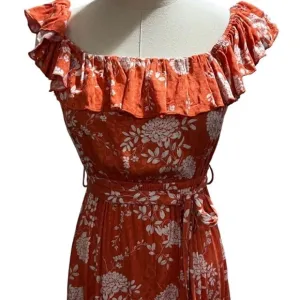 Mainstrip Off Shoulder Tier Ruffle Rayon Orange White Flowers Dress Sz sm New
