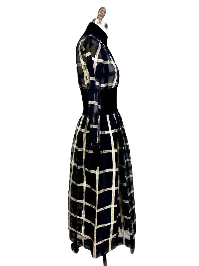 Malcolm Starr Vintage Black & Silver Metallic Organdy COCKTAIL Dress 1970S 34-26-44
