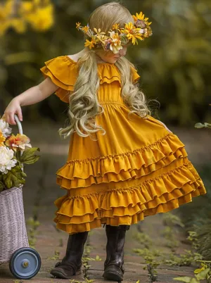Marigold Sunset Tiered Ruffle Midi Dress