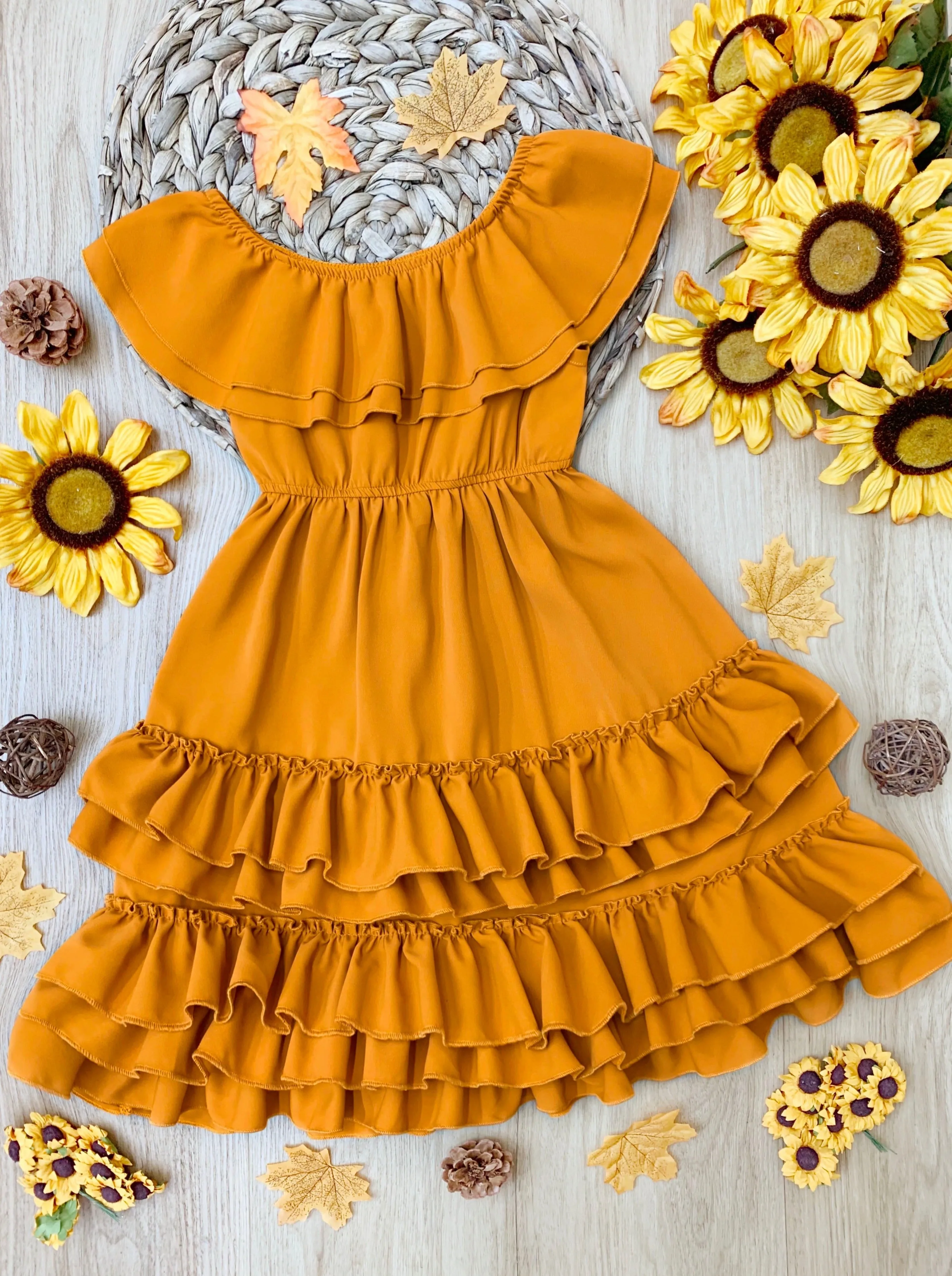 Marigold Sunset Tiered Ruffle Midi Dress