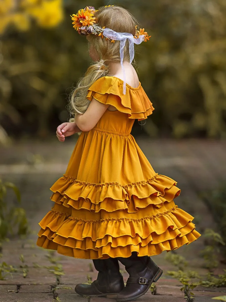 Marigold Sunset Tiered Ruffle Midi Dress