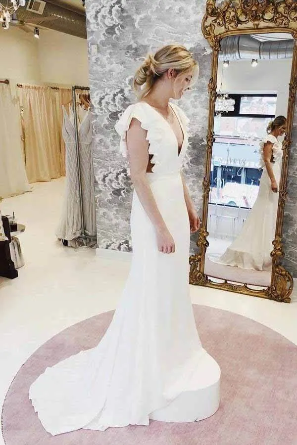 Mermaid Backless Cap Sleeves V-neck Wedding Dresses with Ruffles, MW718