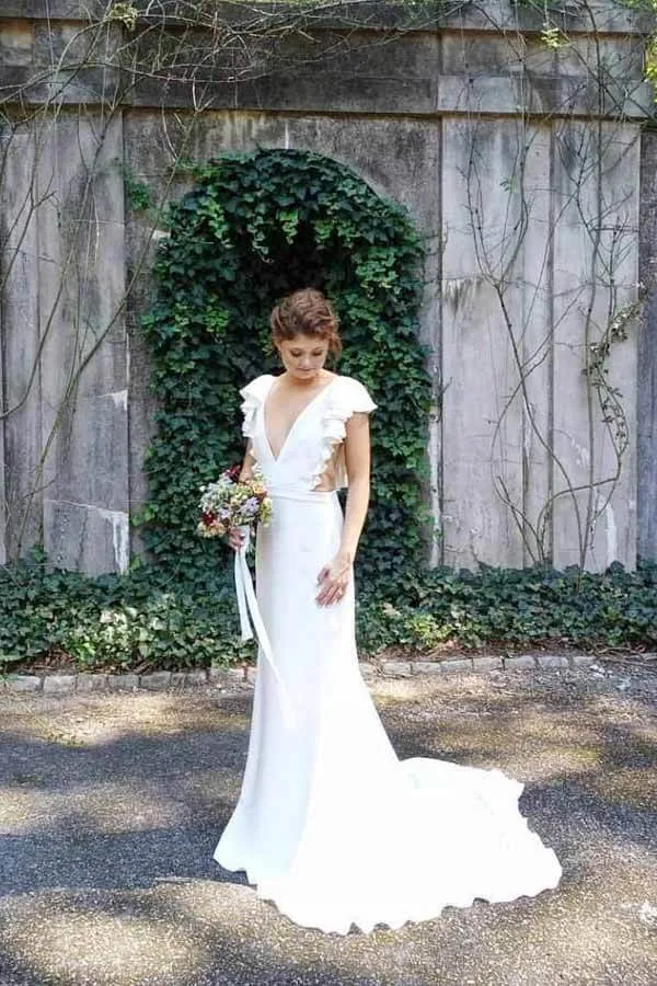 Mermaid Backless Cap Sleeves V-neck Wedding Dresses with Ruffles, MW718