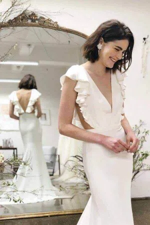 Mermaid Backless Cap Sleeves V-neck Wedding Dresses with Ruffles, MW718