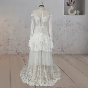 Mermaid Tiered Lace Train Boho Beach Wedding Dress