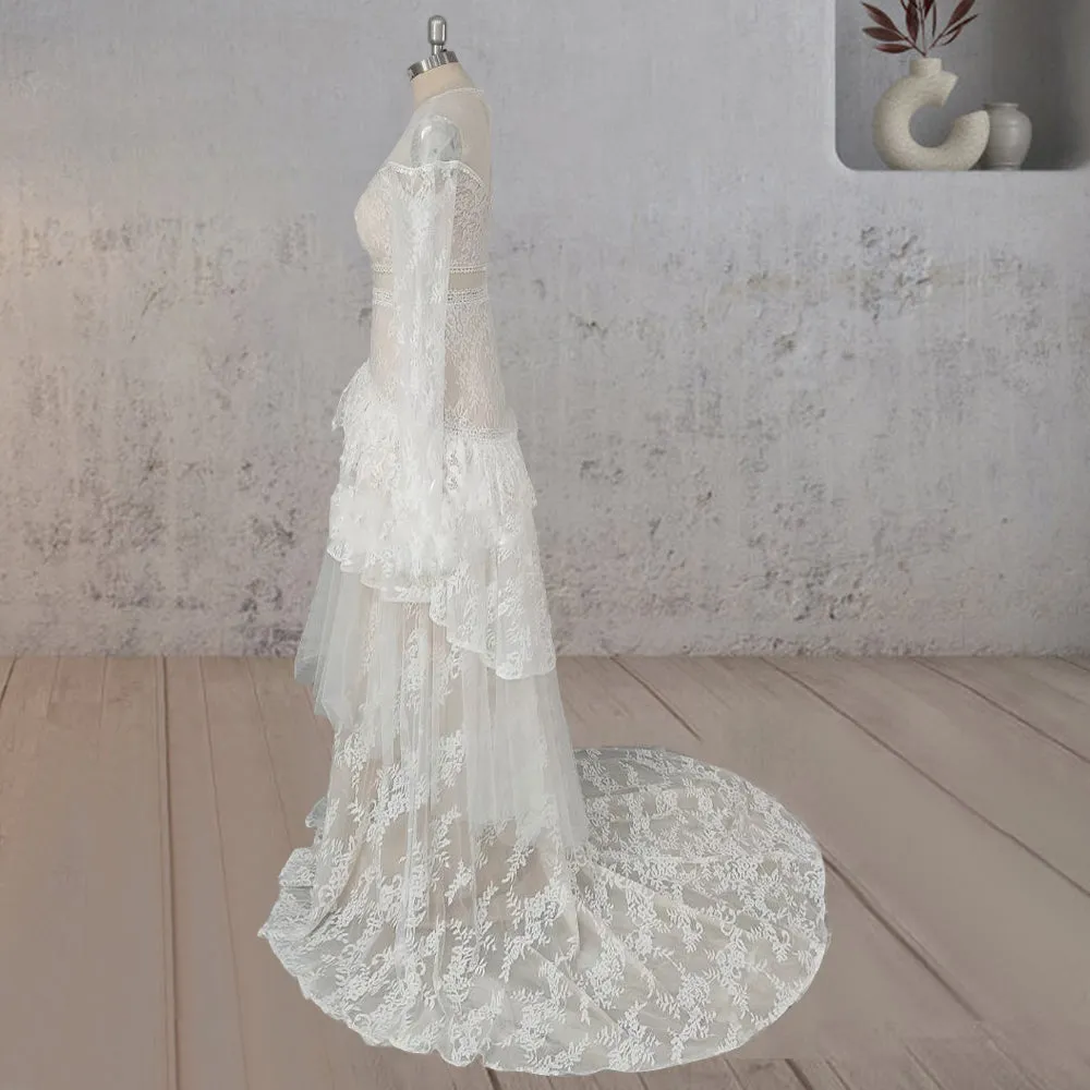 Mermaid Tiered Lace Train Boho Beach Wedding Dress