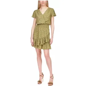 MICHAEL MICHAEL KORS Metallic Floral Ruffled Dress Smoky Olive P/Medium