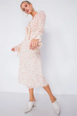 Minimalist Floral Tiered Cinched Puff Sleeve Midi Dress