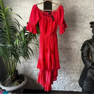 Miss Avenue Coral Boho Asymmetrical Ruffled Hem Midi Dress Size M New with Tags