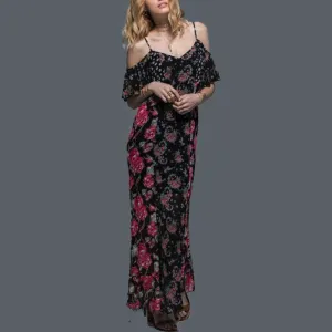 Mixed Print Cold Shoulder Maxi
