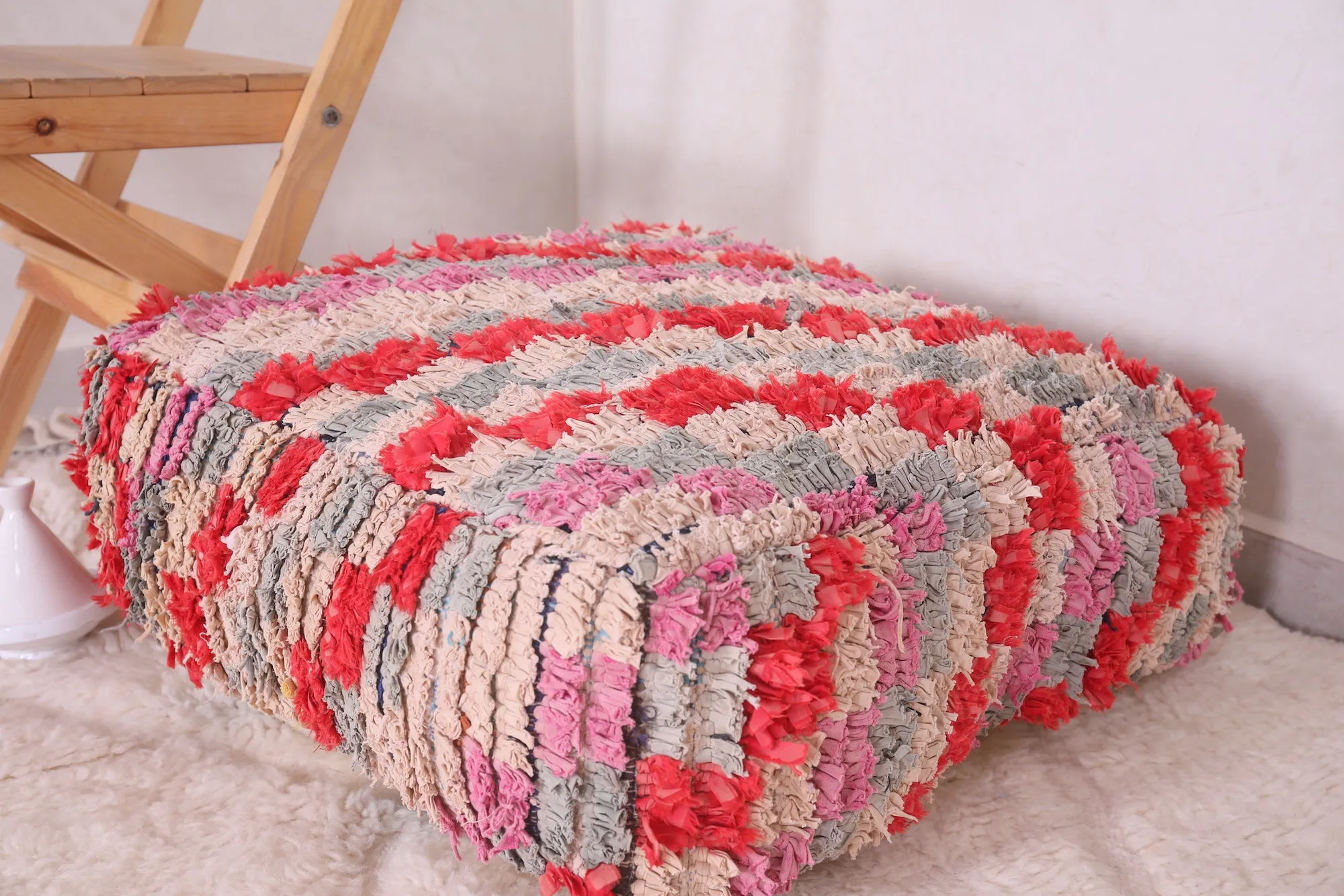Moroccan handmade berber shaggy pouf checkered