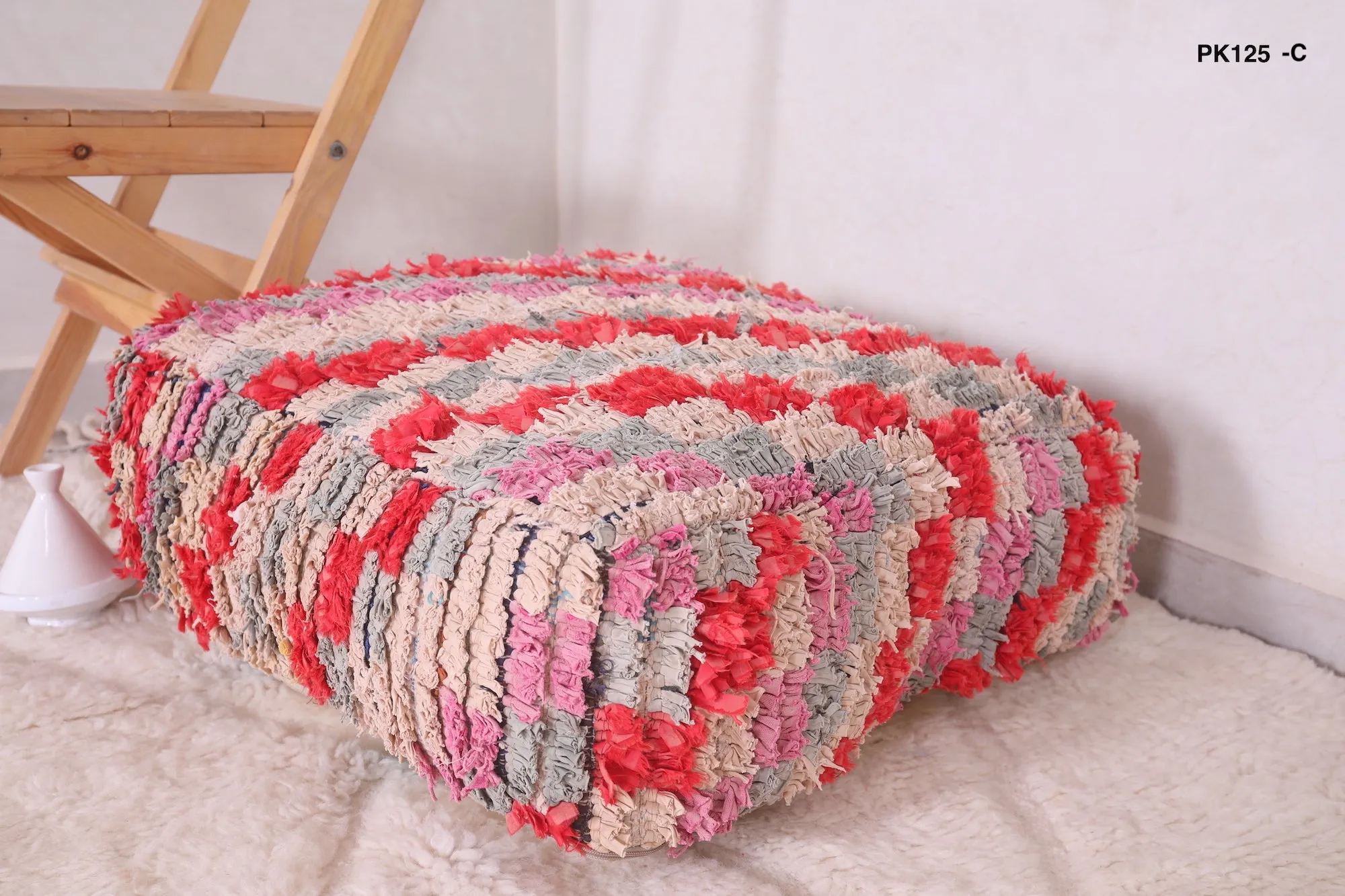 Moroccan handmade berber shaggy pouf checkered