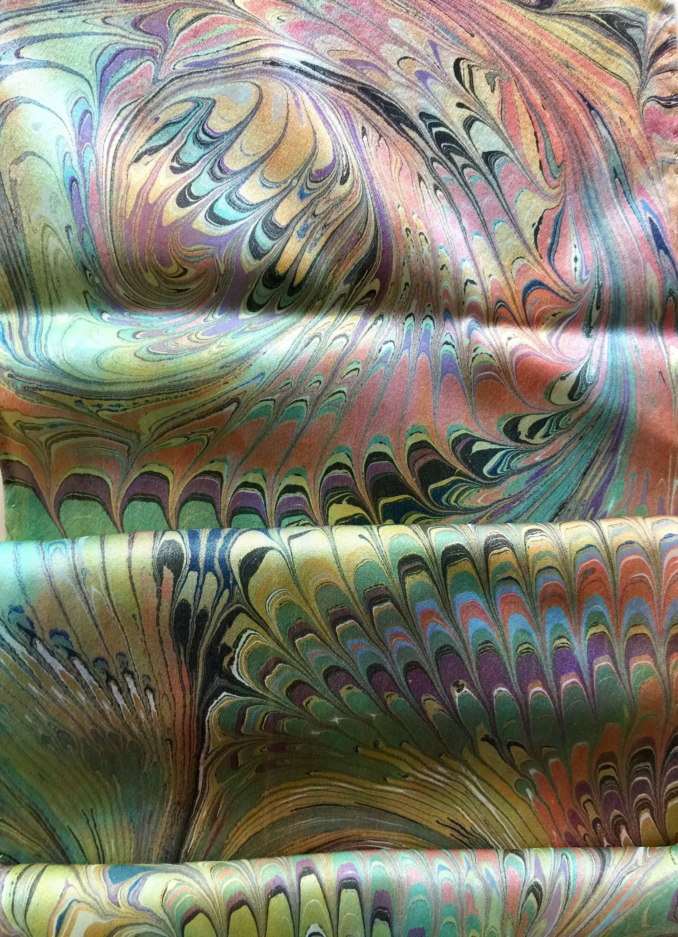 Multi dyed Orange green purple comb Charmeuse  Silk 8x52” bold fun. This beautiful silk makes a unique dresser cover and scarf