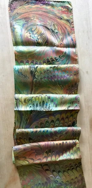 Multi dyed Orange green purple comb Charmeuse  Silk 8x52” bold fun. This beautiful silk makes a unique dresser cover and scarf