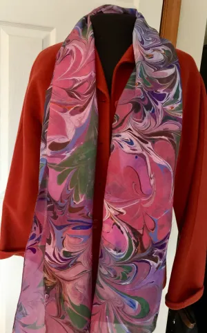 Multi dyed pink, green, purple, blue orange random Silk 14x72 bold fun. This beautiful silk makes a unique dresser cover and scarf
