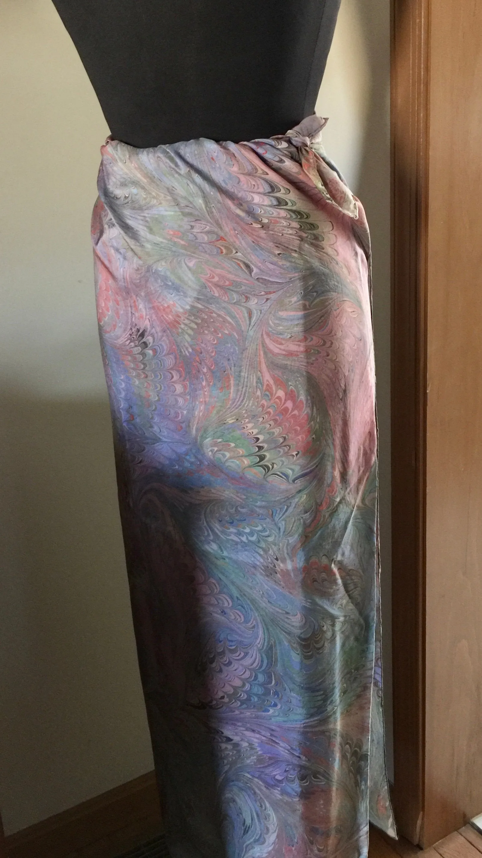 Multicolored Sarong Wrap 44x69 water marbled Habotai Silk combed and swirled pattern.