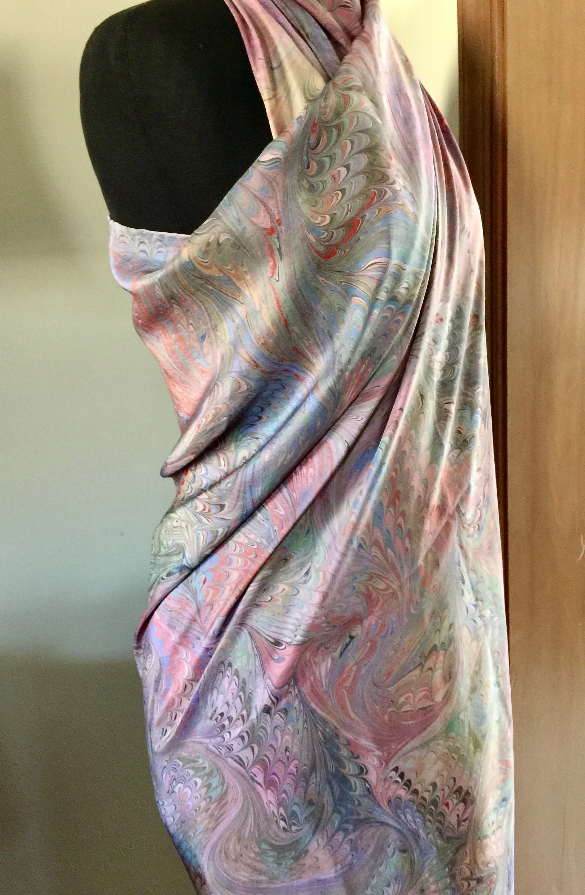 Multicolored Sarong Wrap 44x69 water marbled Habotai Silk combed and swirled pattern.