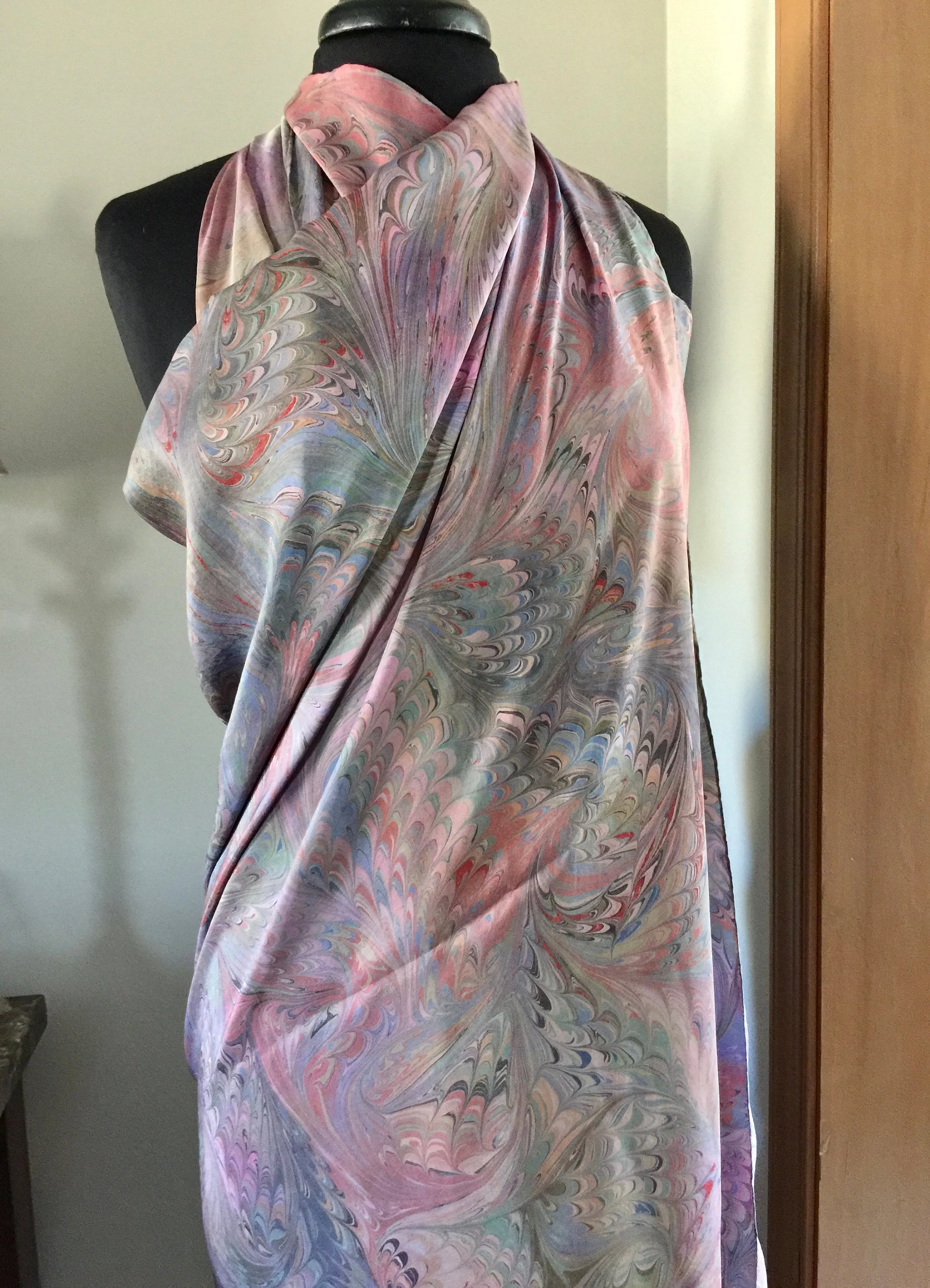 Multicolored Sarong Wrap 44x69 water marbled Habotai Silk combed and swirled pattern.
