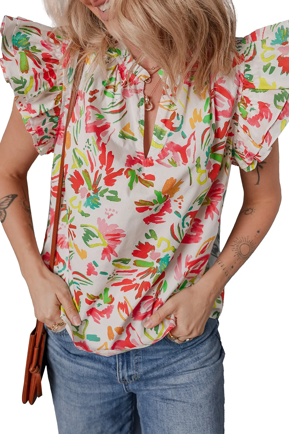 Multicolour Allover Floral Printed Flutter Sleeve Split Neck Blouse