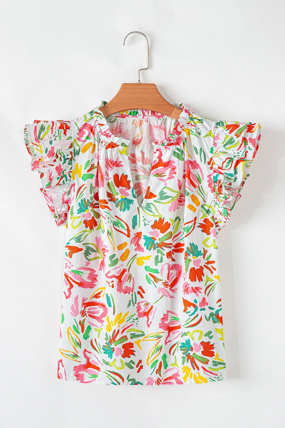 Multicolour Allover Floral Printed Flutter Sleeve Split Neck Blouse