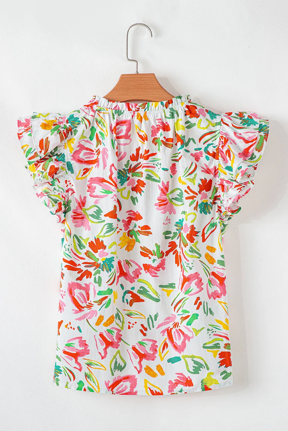 Multicolour Allover Floral Printed Flutter Sleeve Split Neck Blouse