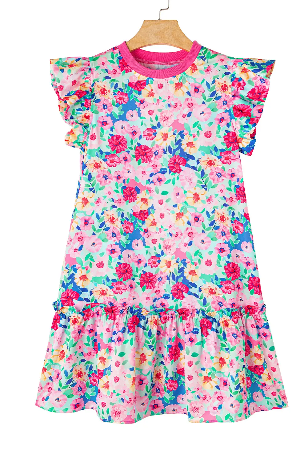 Multicolour Floral Print Flutter Sleeve Ruffled Mini Dress