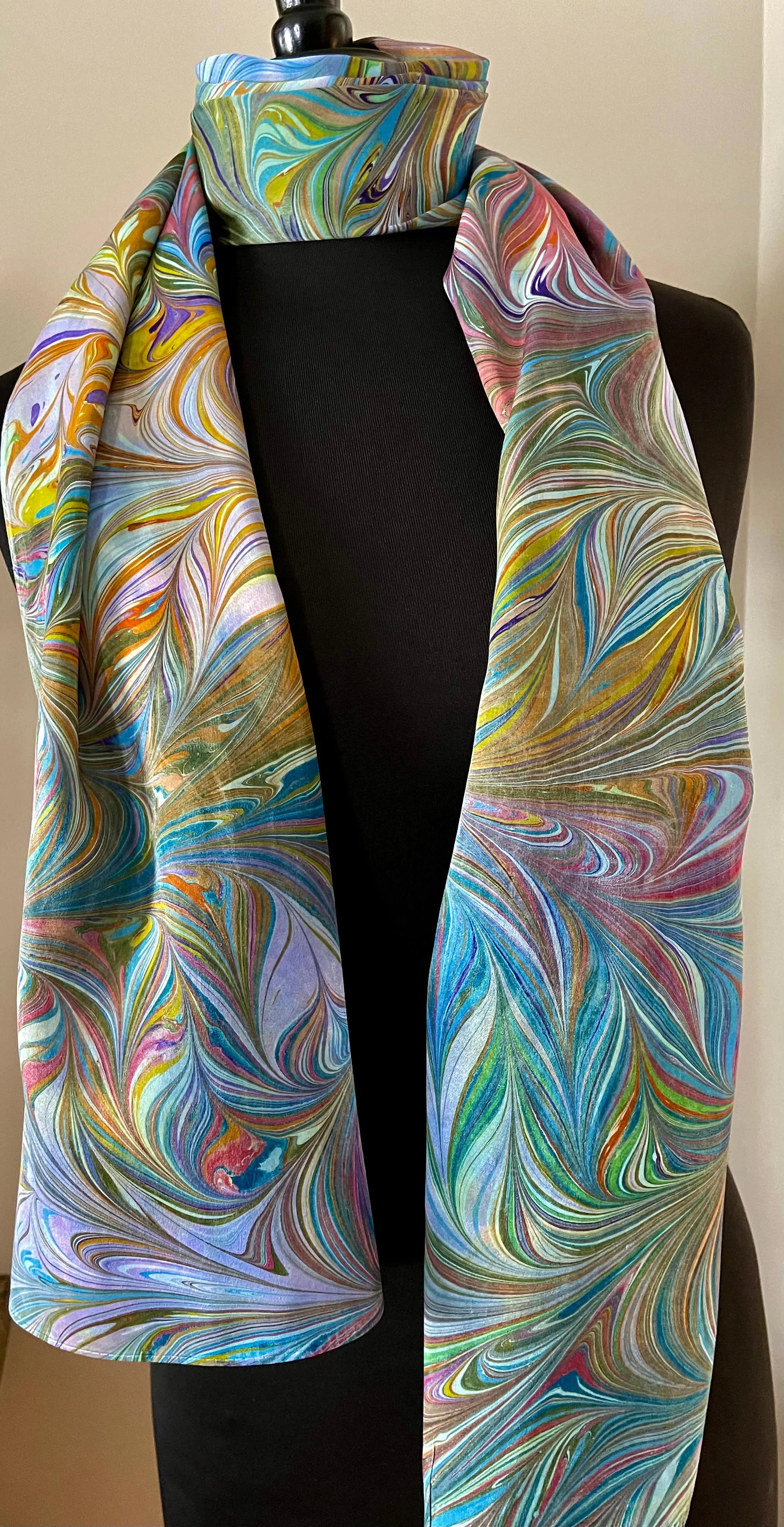 Multidyed Flame.  Charmeuse Silk 72x14” bold fun. This beautiful silk makes a unique dresser cover and scarf