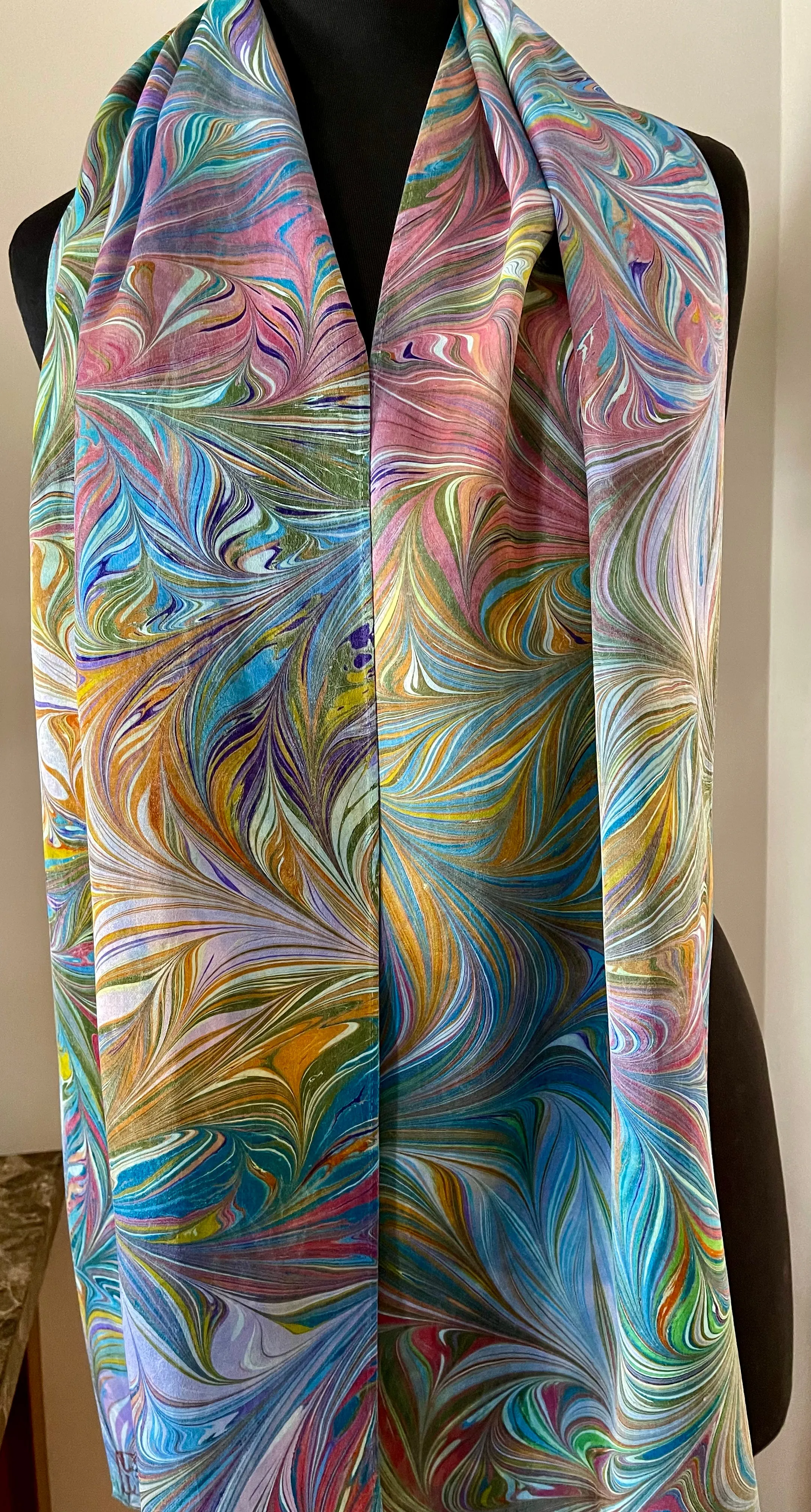 Multidyed Flame.  Charmeuse Silk 72x14” bold fun. This beautiful silk makes a unique dresser cover and scarf