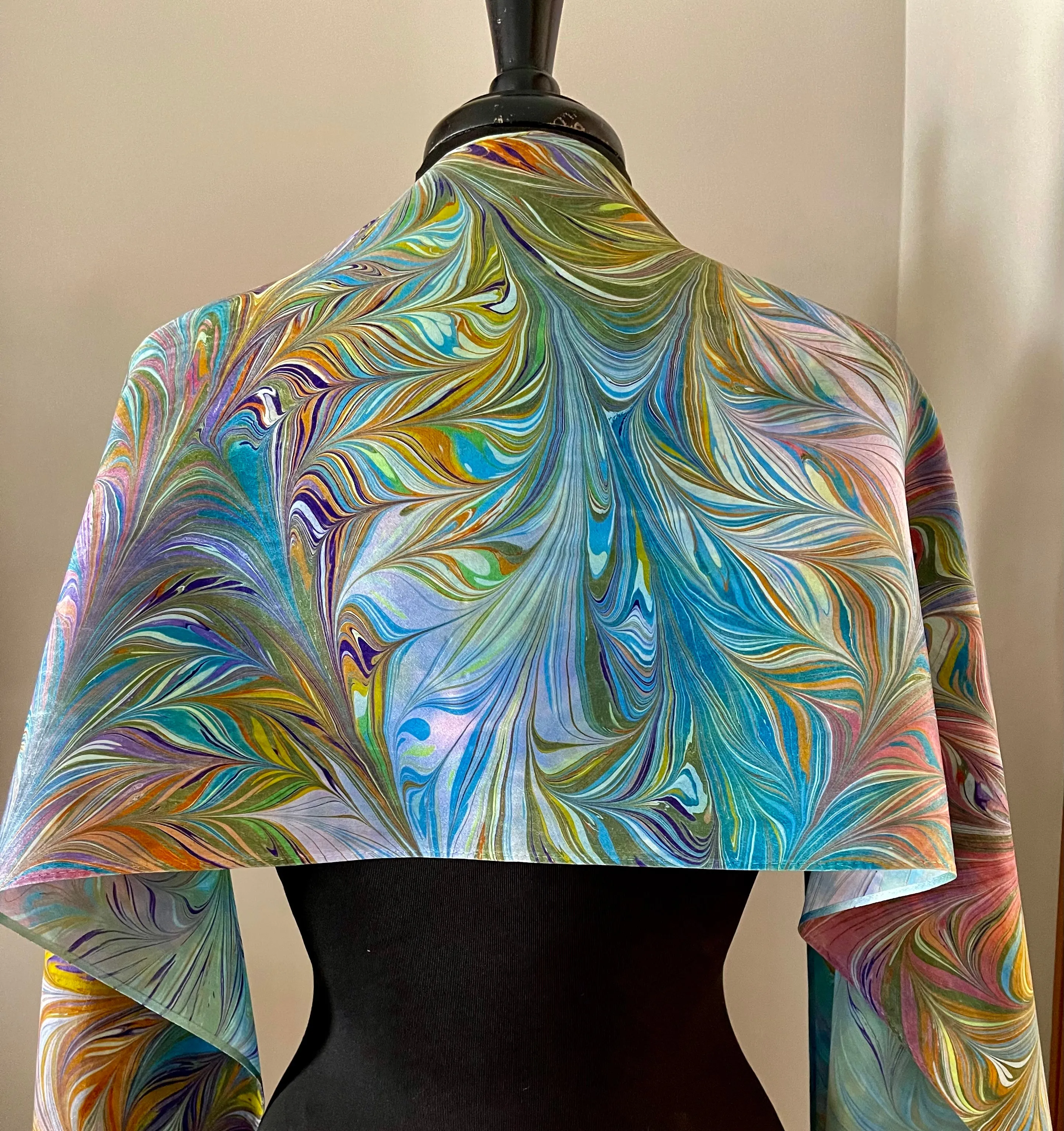 Multidyed Flame.  Charmeuse Silk 72x14” bold fun. This beautiful silk makes a unique dresser cover and scarf