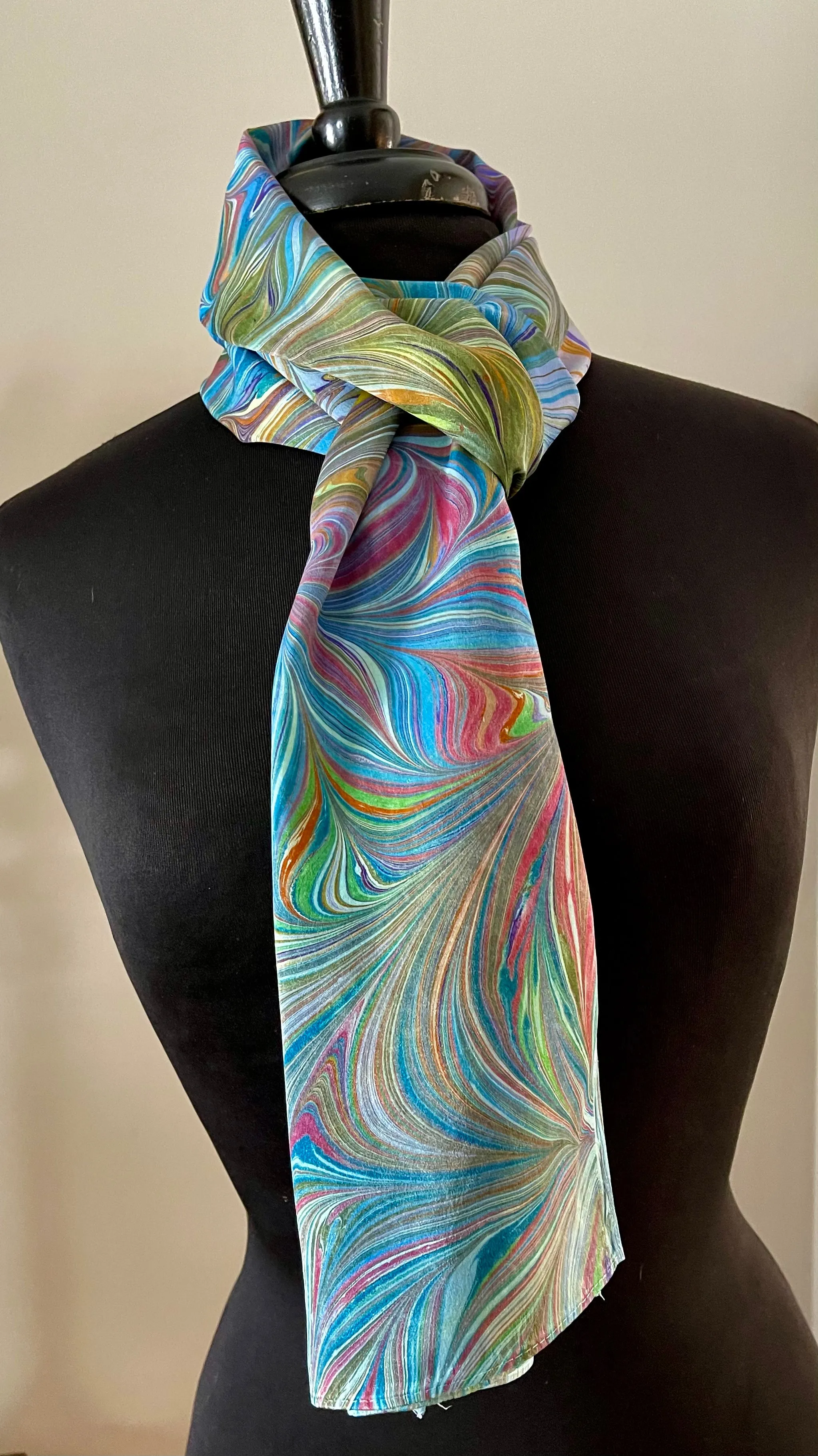 Multidyed Flame.  Charmeuse Silk 72x14” bold fun. This beautiful silk makes a unique dresser cover and scarf