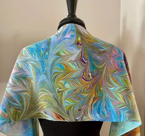 Multidyed Flame.  Charmeuse Silk 72x14” bold fun. This beautiful silk makes a unique dresser cover and scarf