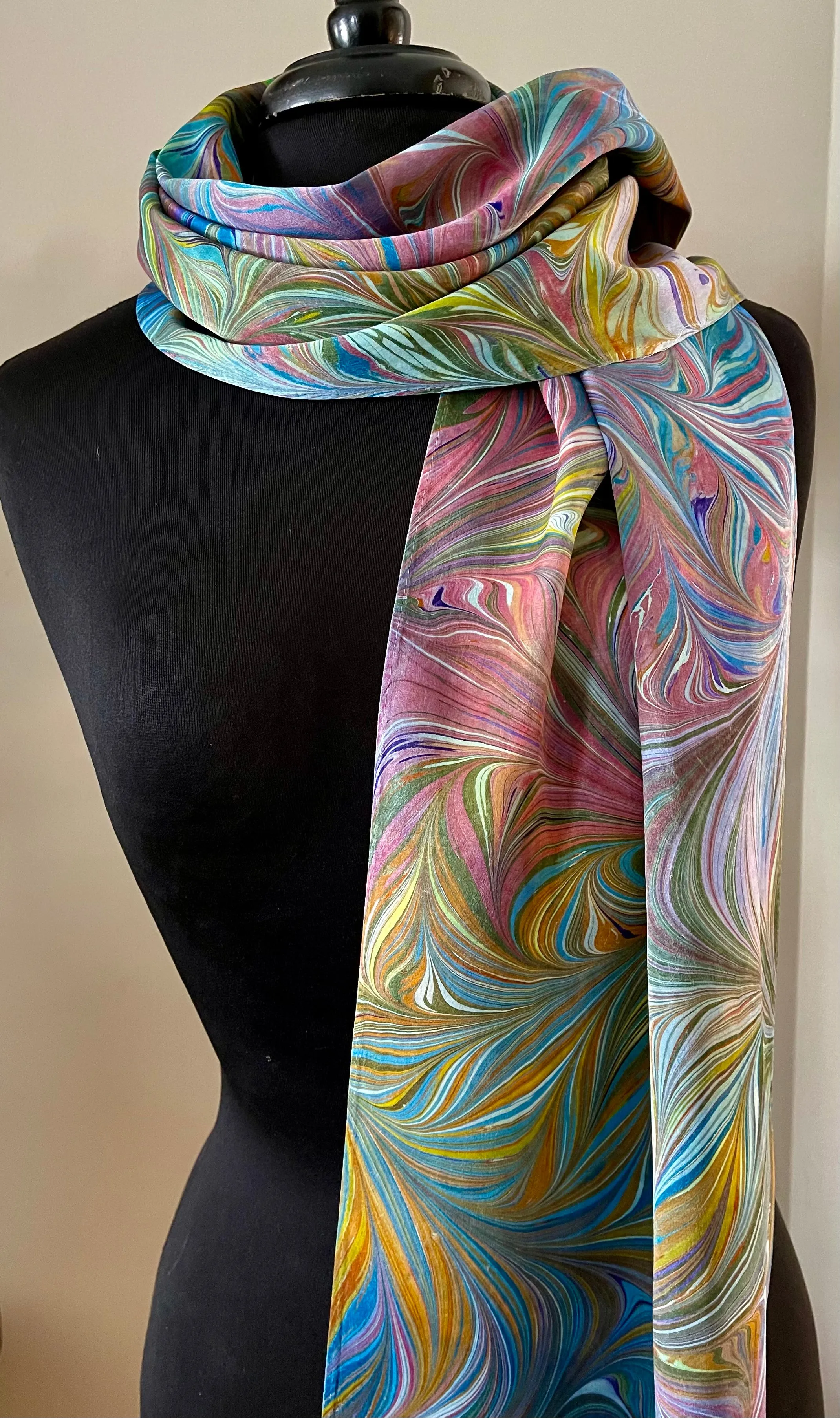 Multidyed Flame.  Charmeuse Silk 72x14” bold fun. This beautiful silk makes a unique dresser cover and scarf