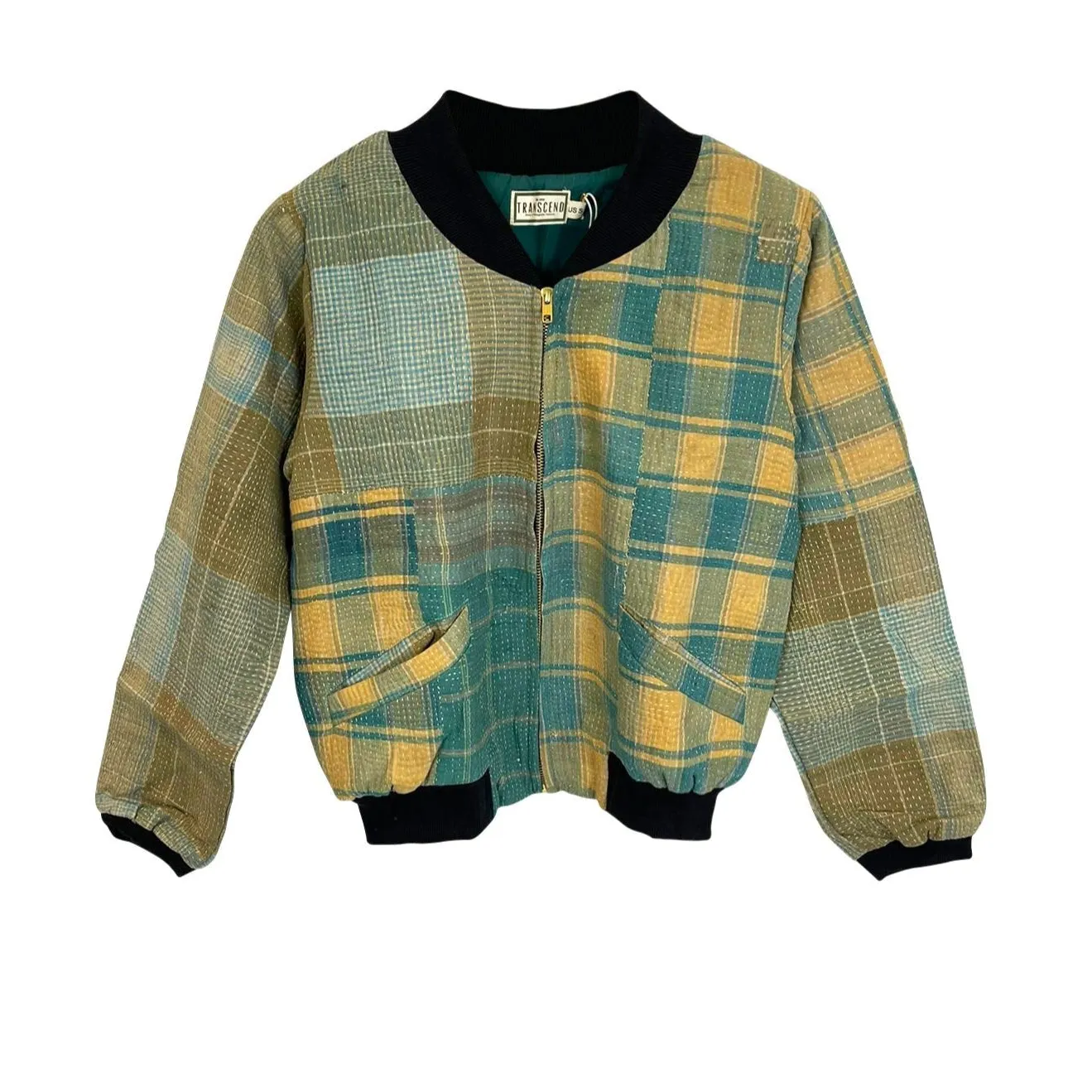 Nadia Bomber Jacket  | Vintage Kantha - Blue Plaid (S)